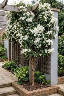 Clematis armandii 'Snowdrift' med stödpinne