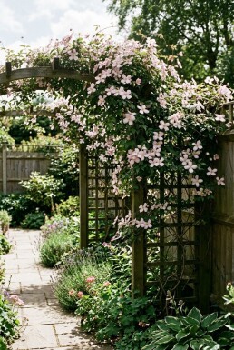 Clematis montana 'Elizabeth' med klätterstöd